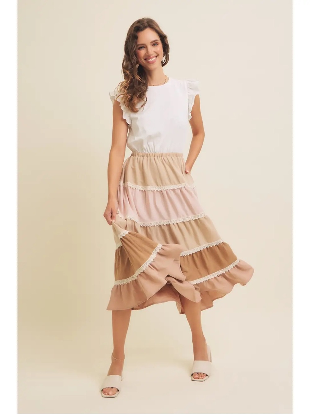 (208) Vanilla Latte Tiered Color-Block Lace Ruffle Midi Dress - L - NWT - Picture 3 of 4